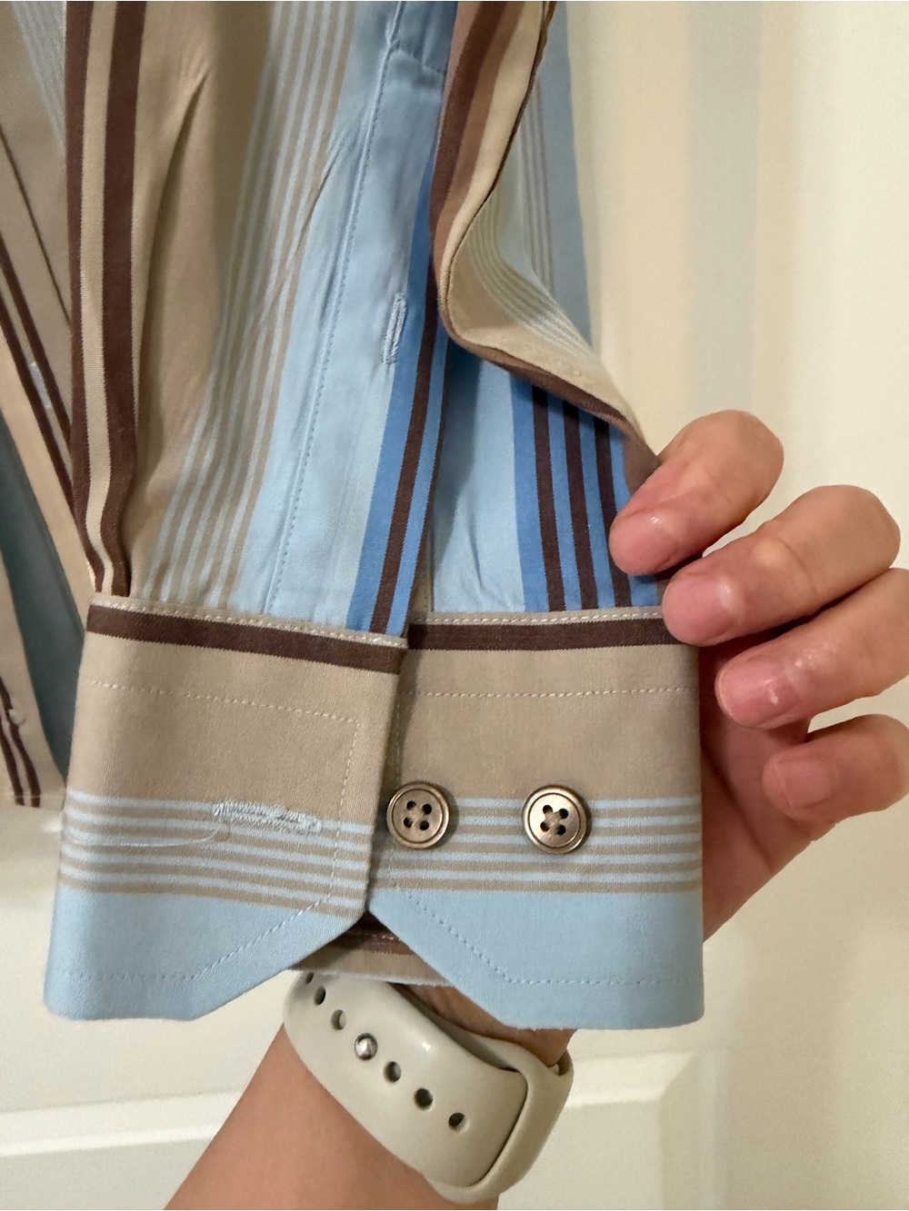 Express Men’s Dress Shirt Small S Blue Tan Brown Striped Button Up Long Sleeve - Picture 4 of 10